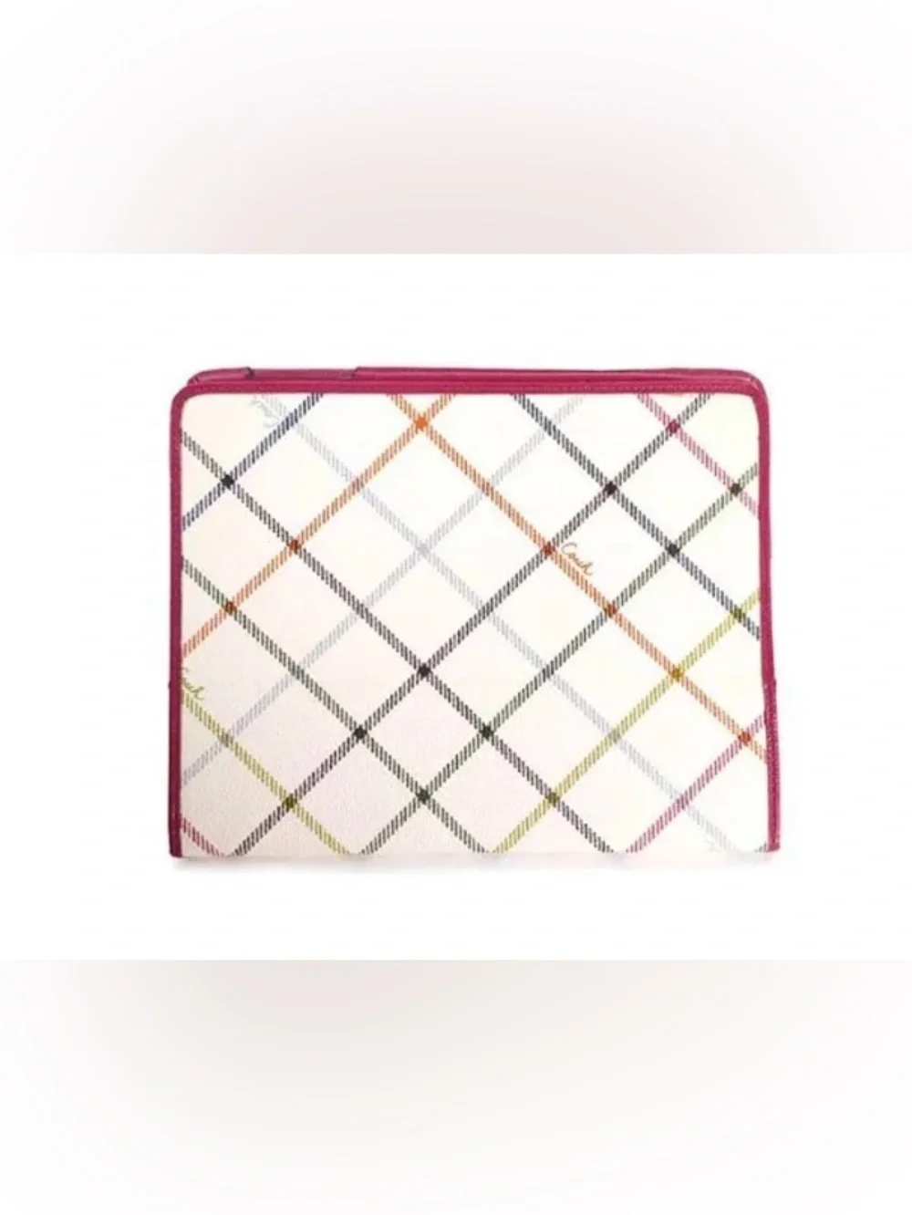 Coach F64186 Tartan Plaid Print iPad Folio Case Cover Multi Pink White NWT